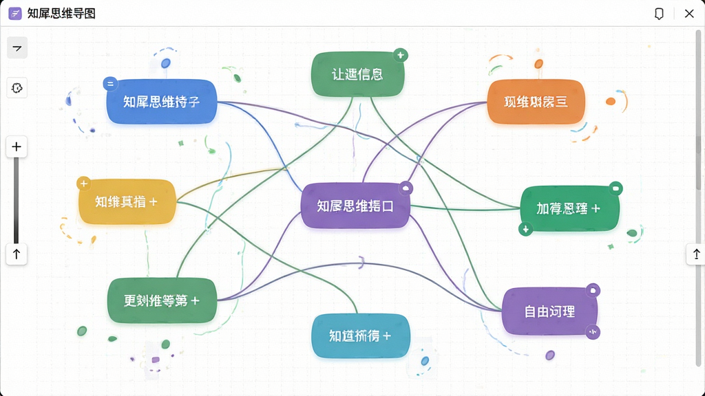 主体:知犀思维导图的自由布局界面,展示多个独立主题块通过曲线连接,画布边缘有缩放滑块。布局:散点式分布,主题间有交叉连线。排版:灵活自由,无固定网格。风格:现代简约,背景为白色网格纸。细节:每个主题块颜色不同,可拖动位置,有连接线。画质:高清,干净,无多余元素