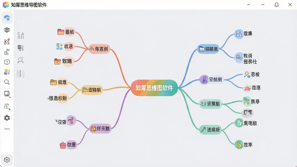 主体:知犀思维导图软件界面展示,中心是一个彩色主题节点,四周发散多个分支,每个分支上带有小图标和文字标签。布局:居中对称,分支清晰,整体呈放射状。排版:界面清爽,左侧有工具栏,顶部有菜单栏。风格:扁平化设计,色彩明亮柔和。细节:节点间用平滑曲线连接,支持拖拽编辑,背景为浅灰色。画质:高清,干净,无多余元素