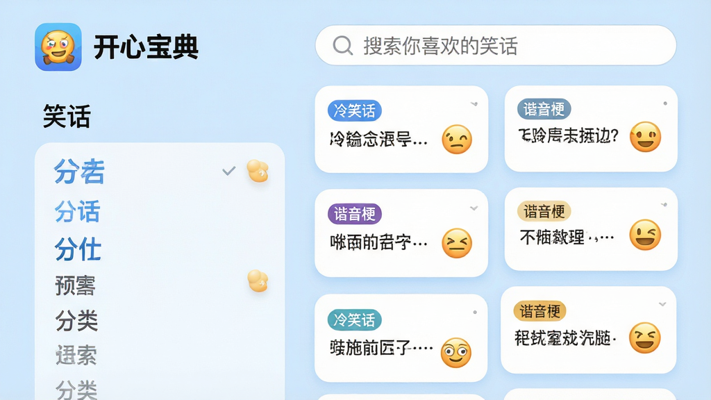 主体:开心宝典软件内容分类界面,展示笑话列表和分类标签。布局:左上方为软件Logo,右侧为纵向排列的多个笑话卡片,每张卡片包含简短文字和表情图标。排版:卡片式布局,错落有致,背景为浅蓝色调。风格:现代简约,卡片圆角设计。细节:卡片上标注“冷笑话”“谐音梗”等分类标签,顶部搜索框内显示“搜索你喜欢的笑话”,整体干净明亮。画质:高清,干净,无多余元素。