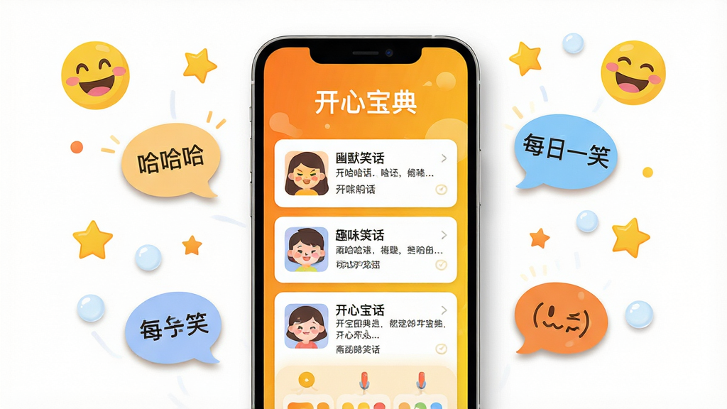 主体:开心宝典软件主界面展示,界面中呈现幽默笑话列表和趣味台历元素。布局:中央为手机屏幕样式的界面预览,四周点缀笑脸、星星、气泡等轻松元素。排版:画面重心居中,屏幕内清晰显示“开心宝典”字样及几条笑话摘要,背景采用明亮的橙黄色渐变。风格:扁平化插画风,色彩明快活泼。细节:屏幕边缘有柔和阴影,气泡内包含“哈哈哈”“每日一笑”等文字,整体氛围欢乐。画质:高清,干净,无多余元素。