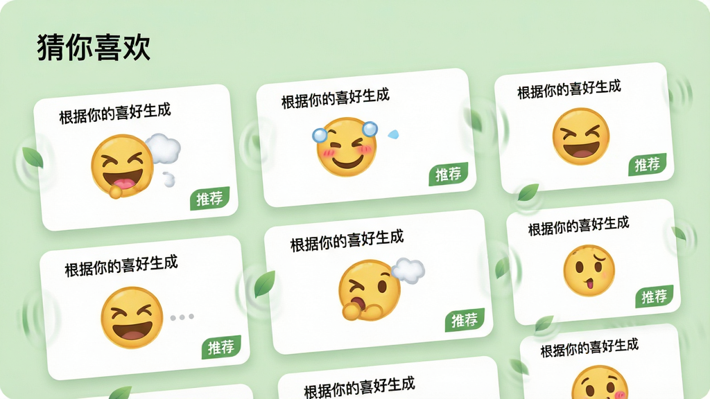 主体:开心宝典首页推荐流界面,展示根据用户喜好推荐的笑话卡片。布局:上部为“猜你喜欢”标题,下方为多张带有不同表情的笑话卡片,卡片大小不一,错落排列。排版:网格布局,背景为淡绿色,卡片白色底。风格:清新自然,卡片有微动效提示。细节:每张卡片右下角有“推荐”小标签,上方有“根据你的喜好生成”字样,整体清爽。画质:高清,干净,无多余元素。