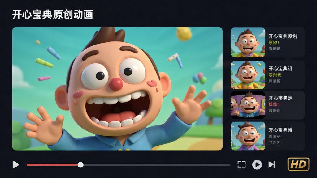 主体:开心宝典动画短片播放界面,画面中一个卡通角色正在做出夸张表情。布局:左侧为视频播放区域,右侧为推荐动画列表,底部有进度条和控制按钮。排版:播放器居中,背景为深色,突出视频画面。风格:3D卡通渲染,色彩鲜艳。细节:画面左上角有“开心宝典原创动画”字样,右下角有“HD”标识,整体专业流畅。画质:高清,干净,无多余元素。