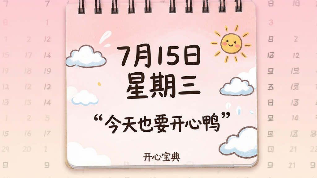 主体:开心宝典的每日台历界面,显示日期和一句幽默语录。布局:画面中央为日历卡片,上方是“7月15日 星期三”字样,下方配有一句“今天也要开心鸭”的趣味文案,周围点缀云朵和太阳图案。排版:卡片居中,背景为柔和的粉色渐变,文字清晰可读。风格:手绘卡通风,温馨可爱。细节:日历页脚有“开心宝典”水印,文案用引号标注,整体画面通透干净。画质:高清,干净,无多余元素。