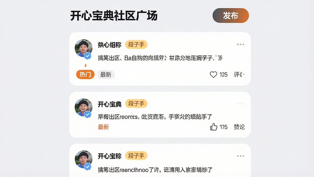 主体:开心宝典社区广场界面,展示用户发布的搞笑帖子和互动数据。布局:顶部为社区标题和发布按钮,下方为信息流卡片,每张卡片包含用户头像、昵称、内容和点赞评论图标。排版:瀑布流式布局,背景为浅灰色,卡片白色圆角。风格:社交App风格,简洁明快。细节:卡片上有“热门”“最新”标签,用户头像旁有“段子手”认证标识,整体充满活力。画质:高清,干净,无多余元素。