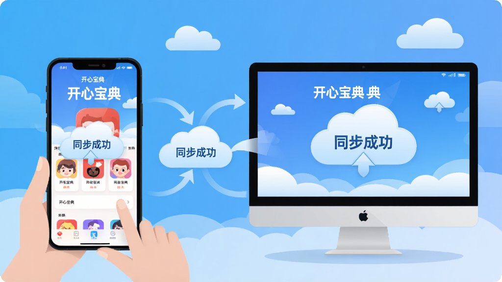 主体:用户正在手机和电脑上同时使用开心宝典,界面显示同步成功提示。布局:左侧为手机屏幕,右侧为电脑显示器,中间有云同步图标和箭头。排版:双设备并排,背景为渐变蓝色,云朵点缀。风格:科技感扁平插画。细节:手机和电脑屏幕均显示“开心宝典”主界面,云朵上有“同步成功”字样,整体干净明亮。画质:高清,干净,无多余元素。