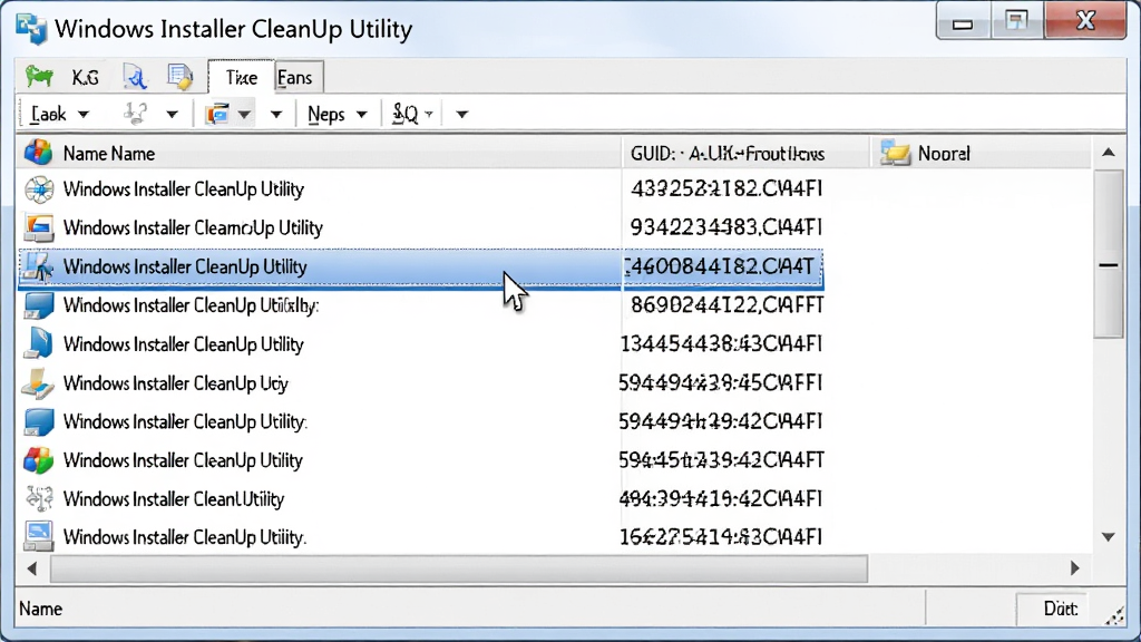 一张软件功能截图风格的图片,主体是“Windows Installer CleanUp Utility”的详细列表视图,每行显示软件名称与GUID代码,鼠标光标悬停在某一项上。布局为标准的Windows窗口样式,采用简洁商务风格,细节强调列表文字的锐利清晰,整体画面干净,无多余元素