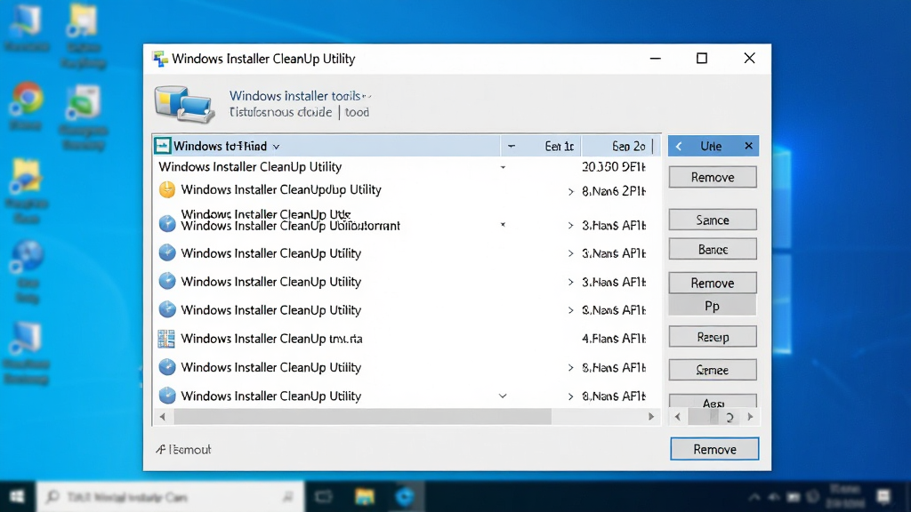 画面主体为一款简洁的电脑桌面清理工具界面,前景是放大的“Windows Installer CleanUp Utility”软件主窗口,窗口中清晰列出多条待清理的安装记录条目,背景为虚化的Windows系统桌面。整体布局居中对称,采用扁平化设计风格,细节上突出软件名称标题栏与“Remove”按钮,画质清晰干净,无多余元素