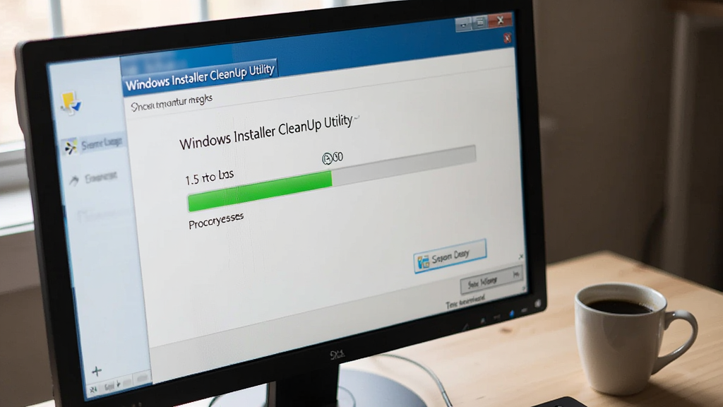 一张实拍风格的电脑屏幕照片,屏幕中显示“Windows Installer CleanUp Utility”正在执行清理任务,进度条走到一半,旁边桌面上放着一杯咖啡。整体采用侧视角构图,环境光柔和,风格自然写实,画质干净清晰,无多余元素