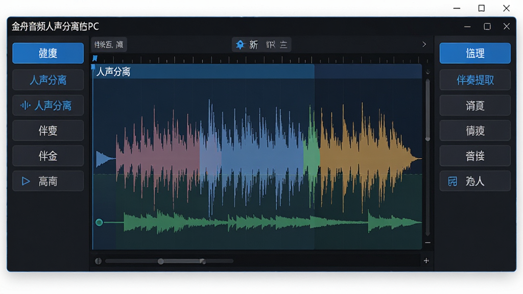 主体:金舟音频人声分离软件的PC端主界面,显示波形图分离过程;布局:界面中央是音频波形,两侧为功能按钮列表;排版:简洁的左右分布;风格:专业音频软件风格,深色背景,蓝色高亮元素;细节:波形图中人声与伴奏以不同颜色区分,界面文字清晰可见“人声分离”“伴奏提取”字样;画质:4K超清,干净,无多余元素。