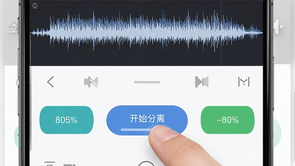 主体:金舟音频人声分离软件在手机上的运行截图,显示操作按钮;布局:竖屏显示,波形区在上,按钮区在下;排版:移动端自适应布局;风格:现代简约风;细节:手指正在点击“开始分离”按钮,屏幕上显示进度百分比;画质:高清,干净,无多余元素。
