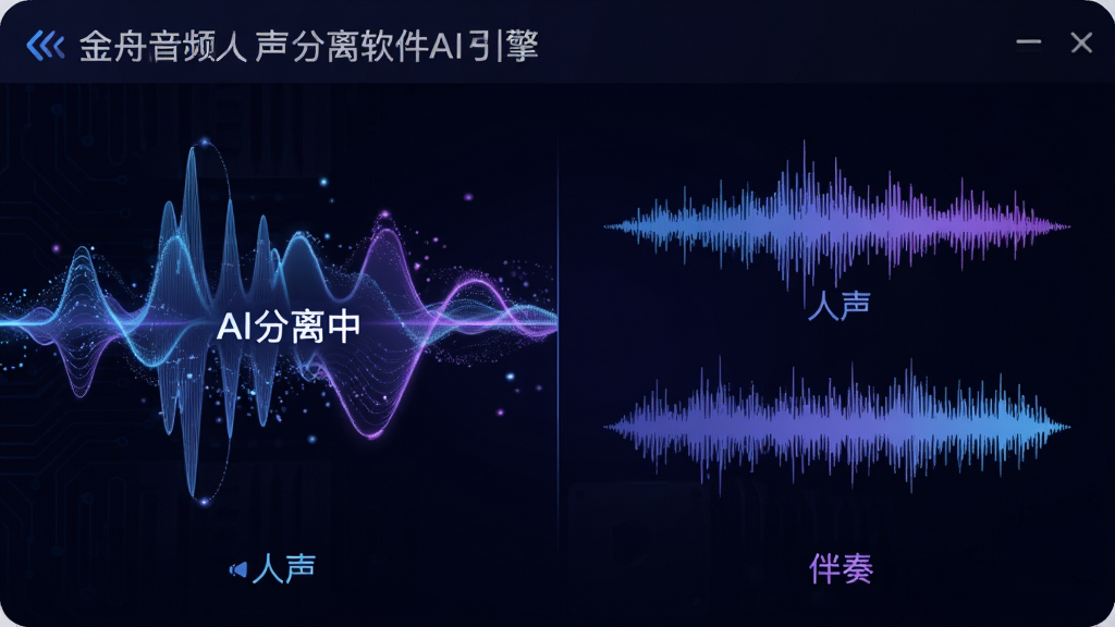 主体:金舟音频人声分离软件AI引擎处理音乐的示意图;布局:图中左侧为混合声波,右侧分离为两路独立的“人声”与“伴奏”声波;排版:对比式布局;风格:科技感插画,蓝紫色调;细节:声波线条流畅,带有发光的粒子效果,标注“AI分离中”;画质:高分辨率,干净,无多余元素。