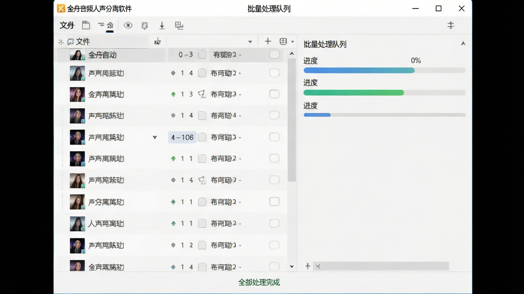 主体:金舟音频人声分离软件的批量处理队列界面截图;布局:左侧文件列表,右侧进度条;排版:列表式;风格:简洁商务风,浅色背景;细节:多首歌曲文件整齐排列,底部显示“全部处理完成”状态;画质:清晰,干净,无多余元素。