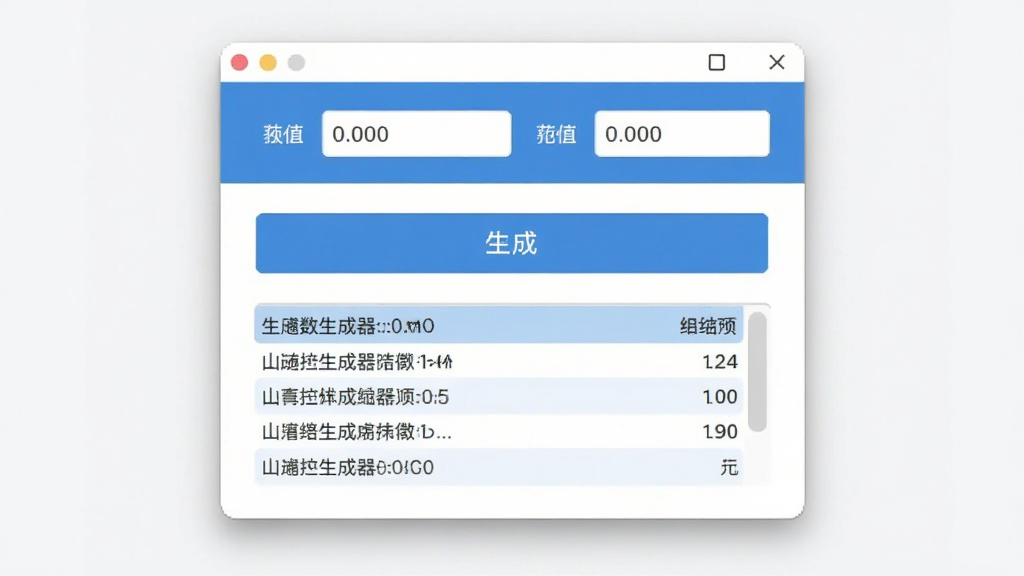 随机数生成器界面简洁,主窗口居中显示,上方为数值范围输入框,下方为生成按钮与结果列表,整体采用蓝白配色,现代扁平化设计风格,细节清晰,画质干净,无多余元素