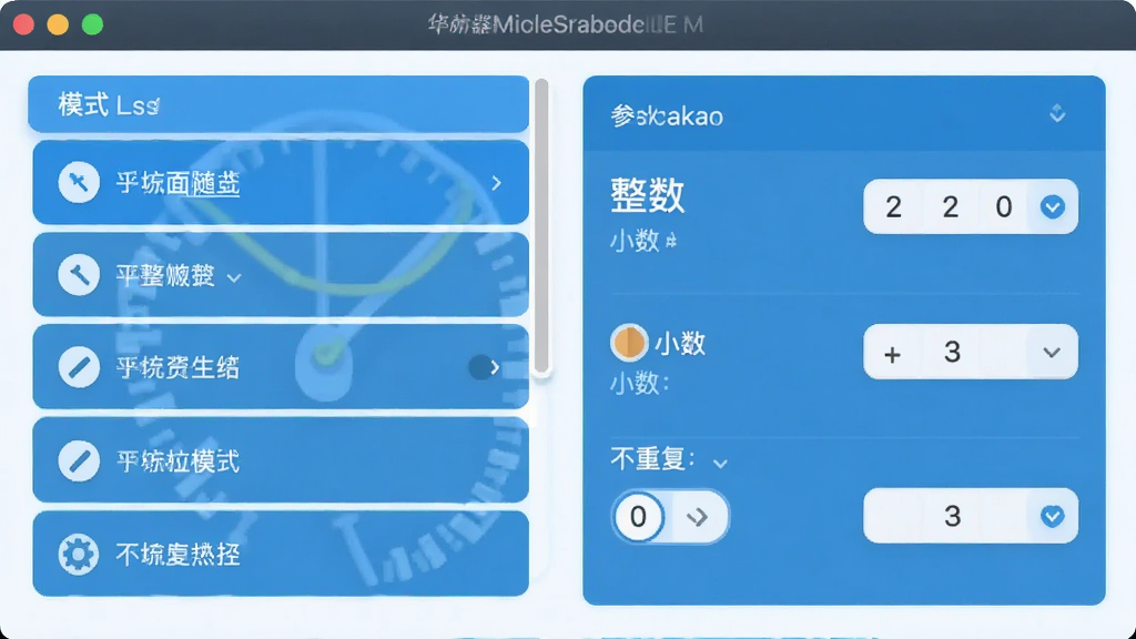 随机数生成器模式选择界面,左侧为模式列表,右侧为参数设置面板,显示整数、小数、不重复等选项,界面明亮,扁平化设计,画质干净,无多余元素