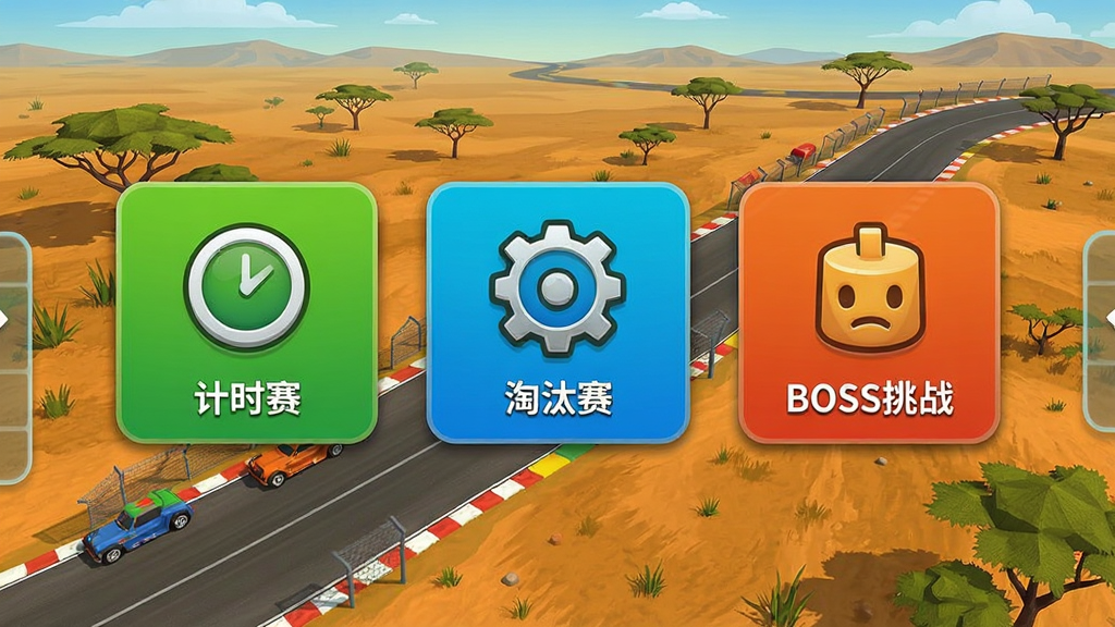 游戏界面展示多种赛事模式选择,包括计时赛、淘汰赛、BOSS挑战等图标,背景是非洲草原赛道俯瞰图,界面设计简洁明快,按钮清晰,色彩鲜艳,风格现代,画质清晰,干净无多余元素