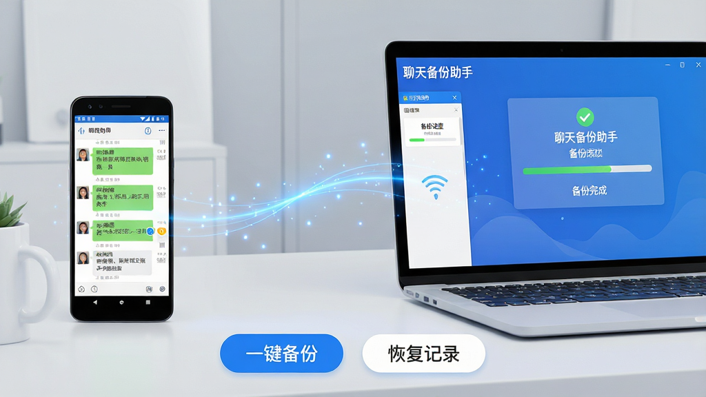 主体:聊天备份助手软件界面截图,展示手机与电脑连接备份的流程,背景为现代简约风格的工作台,桌面上放置一部安卓手机和一台笔记本电脑,屏幕中显示“聊天备份助手”主界面及备份进度条。布局:手机在左侧,电脑在右侧,中间有数据流动的蓝色光线连接,画面下方有“一键备份”“恢复记录”按钮。排版:整体采用左右构图,重点突出软件界面与备份动作,文字标签如“聊天备份助手”“备份完成”清晰可见。风格:科技感、干净明亮、扁平化设计。细节:手机屏幕中显示微信聊天列表,电脑端显示备份成功提示,光线带有微小粒子效果。画质:高清渲染,干净无多余元素。