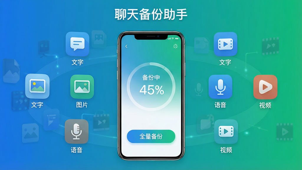 主体:聊天备份助手软件界面展示全量备份功能,背景为数据分类图标(文字、图片、语音、视频)围绕手机屏幕,手机中显示备份进度百分比。布局:手机位于画面中央,四周悬浮着不同类型的文件图标,下方有“全量备份”按钮。排版:中心构图,图标均匀分布,色彩以蓝色和绿色为主,文字标签“聊天备份助手”出现在顶部。风格:科技感、简洁明了。细节:每个图标下方标注“文字”“图片”“语音”“视频”,手机屏幕显示“备份中 45%”。画质:高清、干净、无多余元素。