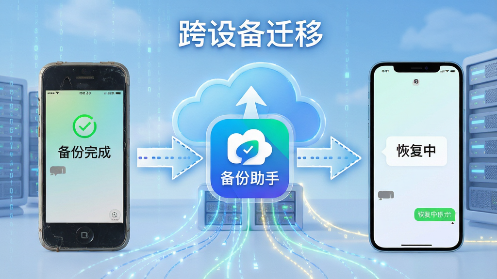 主体:两部手机之间通过无线信号传输聊天记录,背景为云端服务器与数据流,画面中央显示“聊天备份助手”品牌标识。布局:左侧旧手机,右侧新手机,中间有虚线箭头表示数据传输方向,顶部有“跨设备迁移”标题。排版:左右对称,箭头指向清晰,色彩明亮。风格:现代、流畅、动态感。细节:旧手机屏幕显示“备份完成”,新手机屏幕显示“恢复中”,背景有轻微的数据流线。画质:高清渲染,干净整洁。