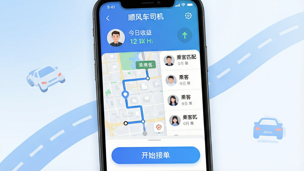 ����Ϊһ�������ֻ���Ļռ�ݻ������ģ���Ļ������չʾ��˳�糵˾����APP�Ľӵ������棬���������ִ���������ʾ˾��ͷ����������棬�в�Ϊ��ͼ·�߹滮��˿�ƥ���б����ײ�Ϊ��Ŀ�ġ���ʼ�ӵ�����ť�����ֹ���������������͵����׽���ɫ��������׺�г���ĵ�·������ͼ��Ԫ�أ�������ɾ����������ʸ��壬ͻ������ʵ���������ԣ��޶���Ԫ��