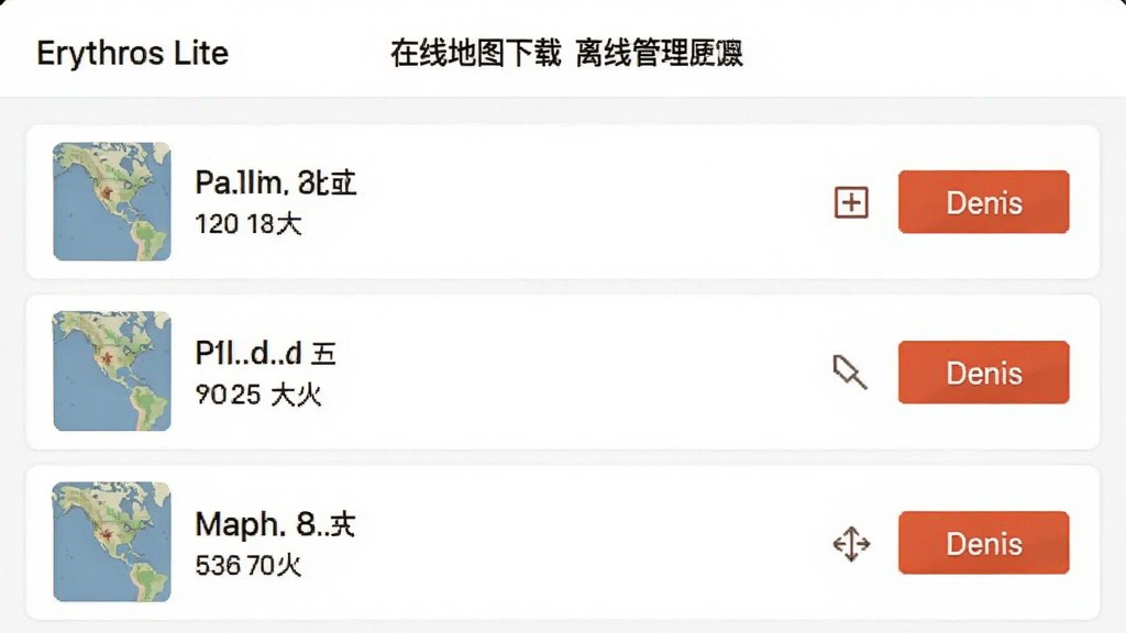 Erythros Lite离线地图下载管理界面,展示已下载的地图包列表,每个包显示名称、大小和删除按钮,界面以白色为主,列表清晰,画质干净,无多余元素