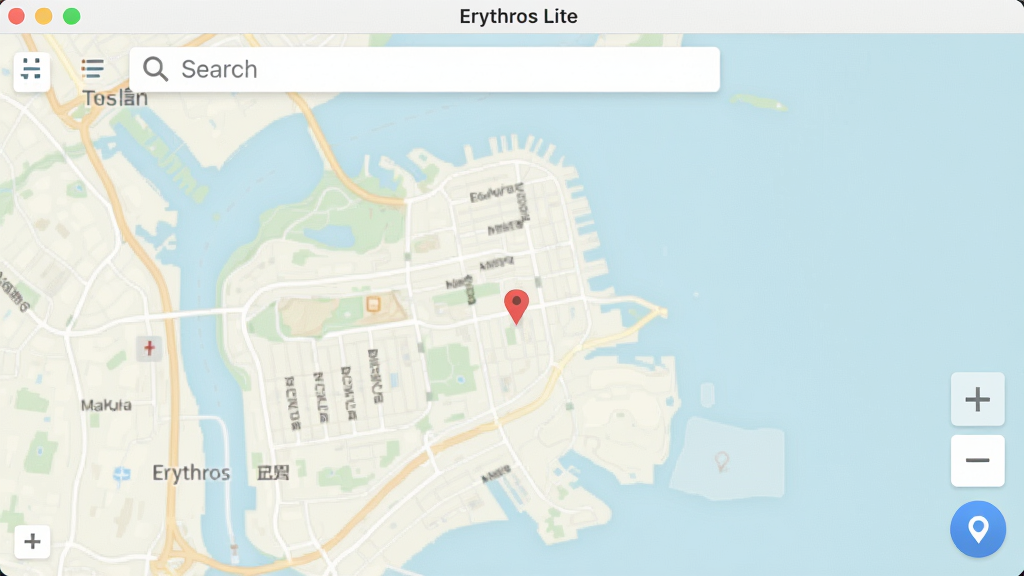 一张展示Erythros Lite软件主界面的高清截图,界面风格简洁现代,地图以浅色系为主,右下角有缩放按钮和定位按钮,顶部有搜索栏,整体布局清晰,色彩柔和,画质干净,无多余元素