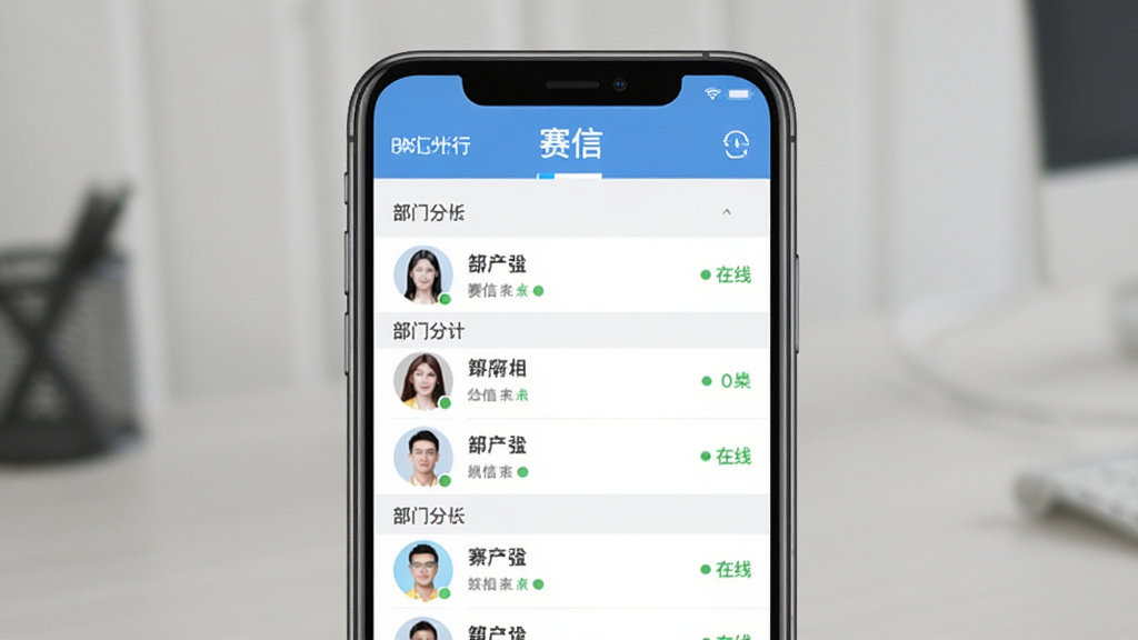 赛信通讯录功能界面预览图,主体为手机屏幕上的联系人列表,布局采用分组排列,风格扁平清爽,细节展示部门分组和在线状态,画面干净无多余元素,屏幕上方带有“赛信”字样