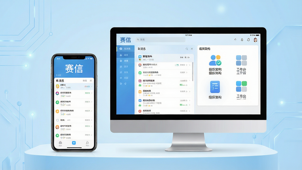 一张展示赛信软件全貌的官方宣传图,主体为手机与电脑端界面并排的展示台,布局清晰,浅色科技蓝背景,整体风格现代简约,细节上突出消息列表、组织架构与工作台图标,画质高清干净,无多余元素,屏幕中显示“赛信”字样