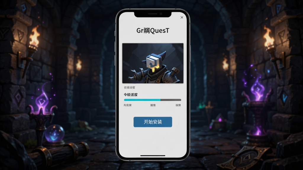 ����Ϊһ��������Ļ�������ֻ�����Ļ����ʾGrim Quest��װ�������Ľ��棬�����ǻ谵�ĵ�����ħ����â������Ϊ�ֻ����У������������Ű��࣬���Ϊ�ִ��Ƽ����밵����ý�ϣ�ϸ�ڰ�����װ�������롰��ʼ��װ����ť�����ʸ��壬�ɾ����޶���Ԫ�ء�