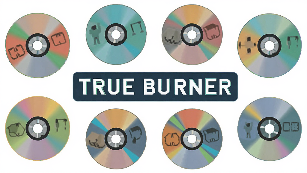 True Burner光盘格式支持示意图,画面中展示多种光盘类型图标围绕软件名称,布局居中,扁平化设计风格,色彩鲜明,细节丰富,画质清晰,干净无多余元素