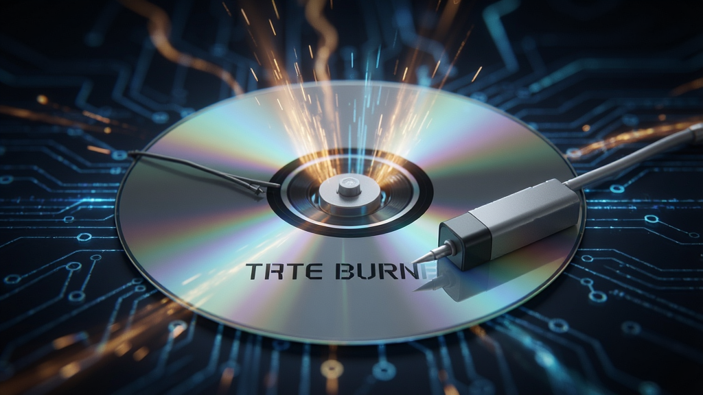 True Burner刻录过程示意图,展示数据写入光盘的瞬间,画面动感,背景为科技感光效,布局居中,风格写实,细节丰富,画质高清,干净无多余元素