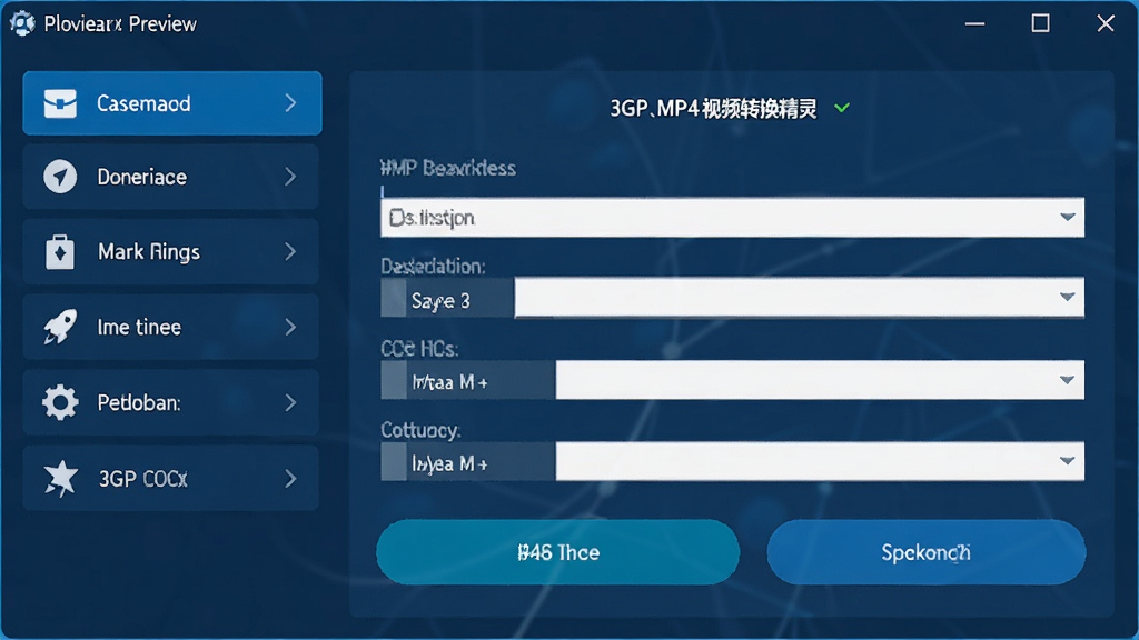 3GP、MP4视频转换精灵主界面预览图,深蓝色调,左侧功能列表,右侧转换设置区域,界面布局清晰,按钮醒目,现代软件风格,高分辨率,干净无多余元素
