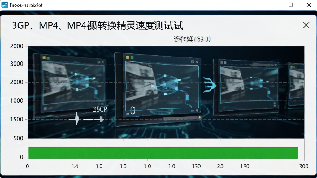 3GP、MP4视频转换精灵速度测试截图,显示转换时间统计图表,速度指标条接近满格,背景为动态转换画面,现代科技感,清晰可见,无多余元素