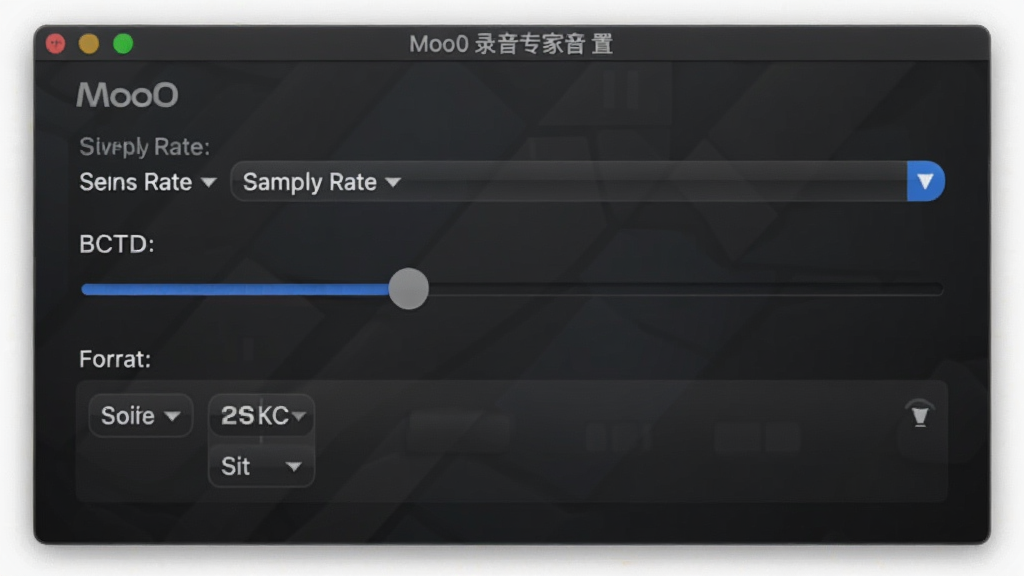 一幅展示Moo0 录音专家音质设置面板的界面截图,面板上显示采样率下拉菜单、比特率滑块以及格式选择列表,背景为深色渐变,所有文字清晰可读,整体风格简洁专业,画质干净,无多余元素