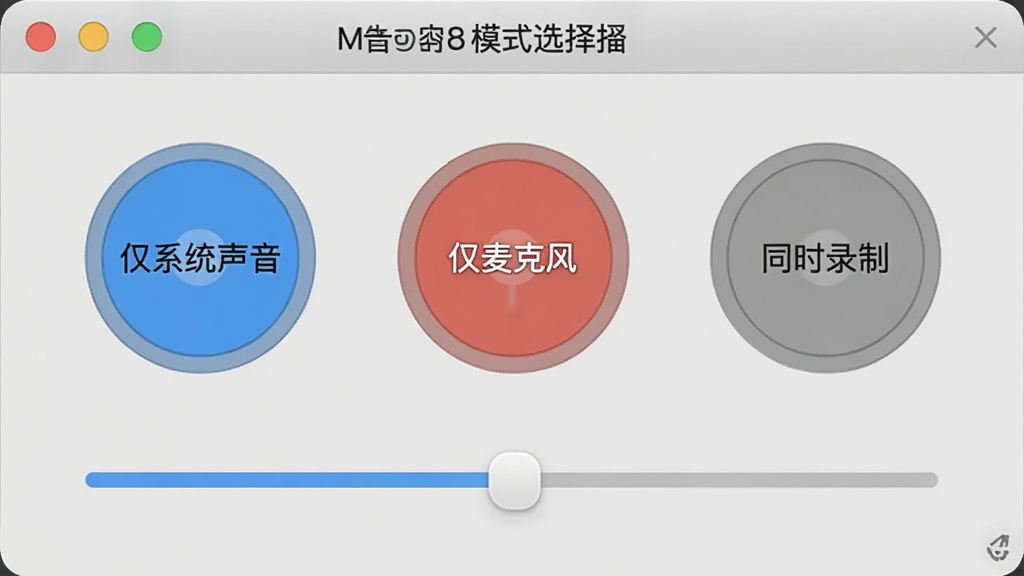 一张展示Moo0 录音专家混音模式选择界面的截图,界面中有三个圆形选项按钮,分别标注“仅系统声音”、“仅麦克风”和“同时录制”,下方有一个音量平衡滑块,背景为浅灰色,整体风格清爽,画质干净,无多余元素
