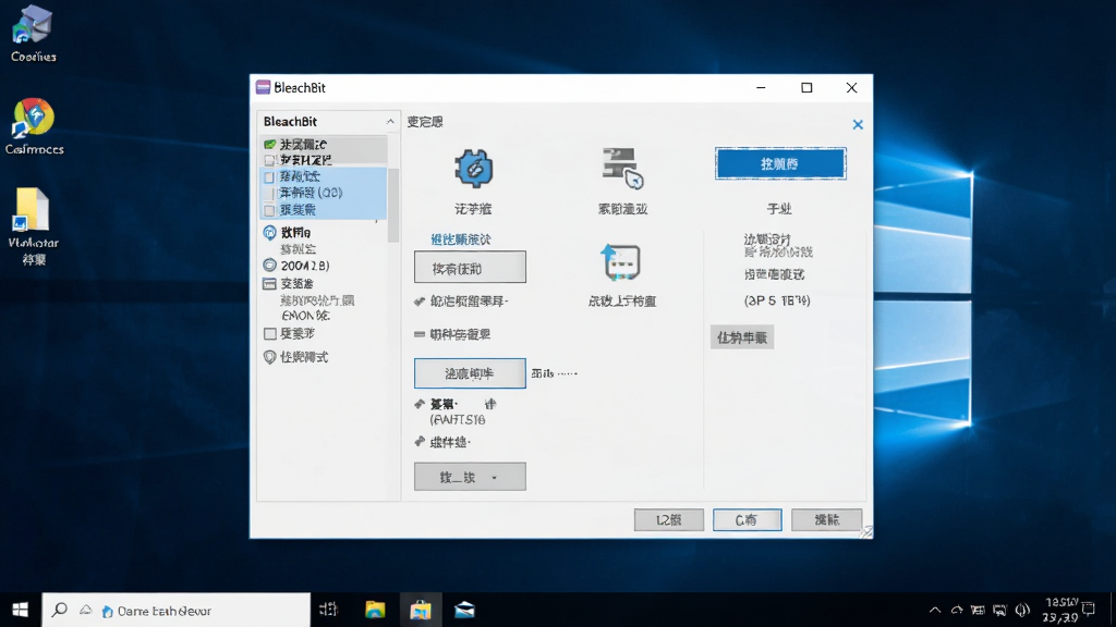 主体:BleachBit软件在Windows系统上运行的截图,桌面环境清晰可见。布局:BleachBit窗口居中,后方桌面壁纸简洁。排版:窗口比例协调,功能区域划分明确。风格:真实场景风格,色彩自然,凸显软件实际使用效果。细节:窗口标题栏显示“BleachBit”,清理按钮高亮。画质:清晰细腻,无多余元素。