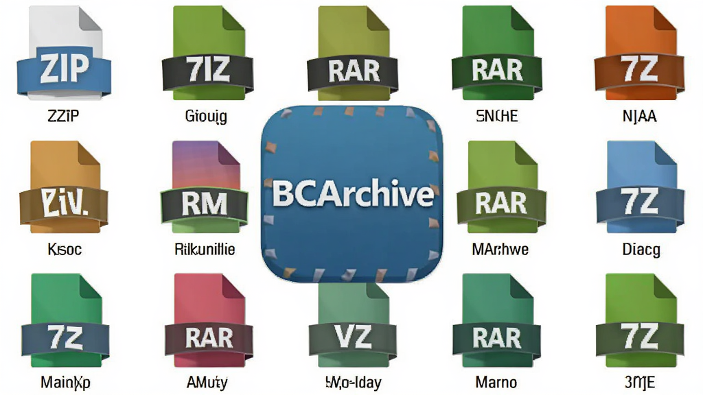 主体:BCArchive软件图标与多种压缩格式文件(如ZIP、RAR、7Z)的图标排列在一起。布局:图标居中,格式图标环绕四周。排版:简洁排列,每个格式图标下方标注名称。风格:扁平化设计,色彩鲜明。细节:突出“BCArchive”名称,画面干净,无多余元素,画质清晰。