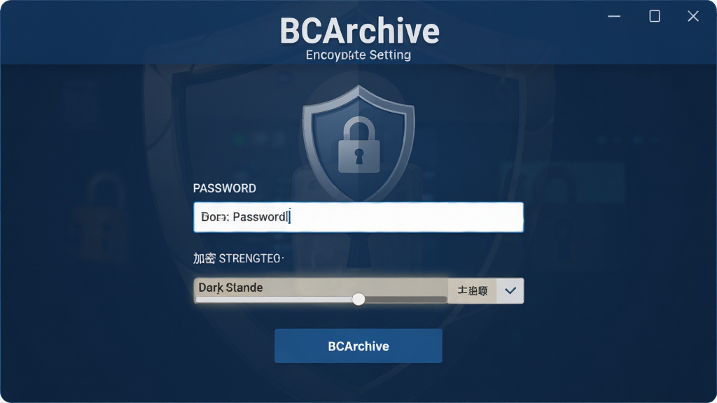 主体:BCArchive加密设置界面,显示密码输入框与加密强度选择。布局:界面居中,密码框突出显示,背景有盾牌图标。排版:简洁明了,按钮清晰。风格:安全严谨,深蓝色调。细节:突出“BCArchive”标识,画面干净,无多余元素,画质高清。