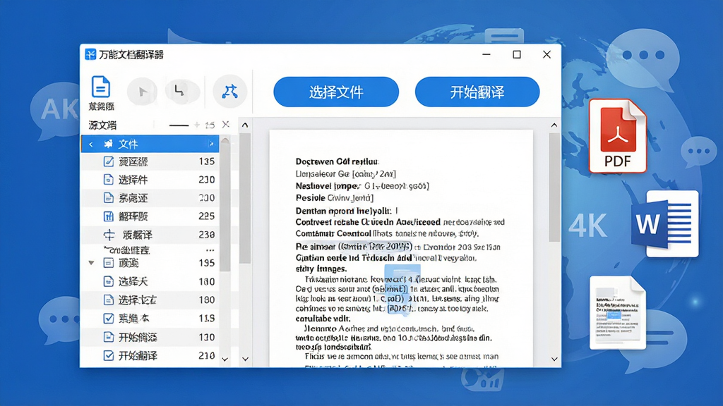 主体:一款名为“万能文档翻译器”的Windows桌面软件界面,界面风格现代简洁,主窗口显示着中英双语对照的文档翻译预览。布局:左侧为文档源文件列表,右侧为翻译结果预览区,顶部有醒目的“选择文件”和“开始翻译”按钮。排版:信息层级分明,按钮和图标圆润清晰。风格:扁平化设计,主色调为科技蓝与白色。细节:软件界面中悬浮着几个翻译完成的文档缩略图,如PDF和Word图标,背景有淡淡的地球与语言符号。画质:4K高清,渲染细腻,干净无多余元素。