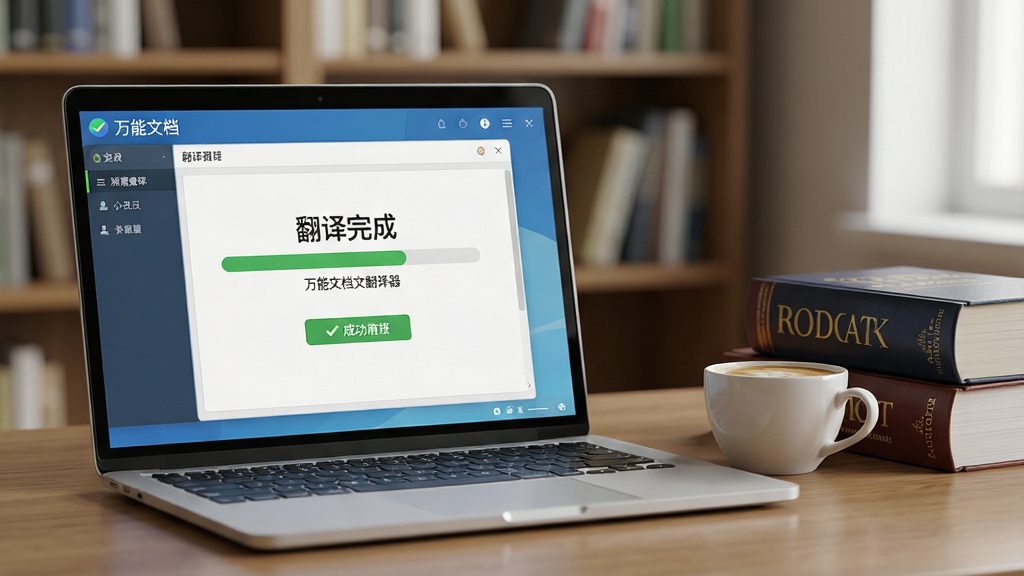 主体:一台笔记本电脑上运行着万能文档翻译器,屏幕显示着翻译进度条和成功提示。布局:电脑位于画面左侧,右侧有一杯咖啡和几本厚厚的词典,暗示办公场景。排版:视觉重心集中在电脑屏幕上。风格:写实生活场景风格,光线柔和。细节:屏幕中显示“翻译完成”字样,软件界面清晰可见,背景有模糊的书架。画质:高质量渲染,细节丰富,画面干净无杂乱。