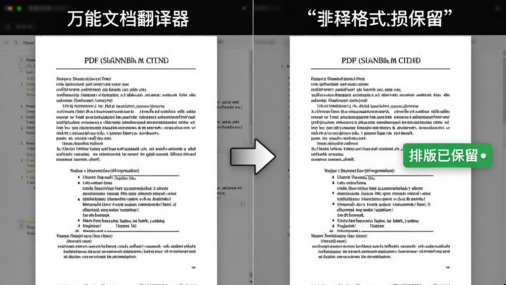 主体:万能文档翻译器的“排版格式无损保留”功能对比图。布局:左侧显示一篇英文原版PDF论文,右侧显示翻译后的中文文档,两者排版结构完全一致,段落、图表位置一一对应。排版:左右双栏对比布局,中间用箭头符号连接。风格:写实界面截屏风格。细节:两边的文档均显示出清晰的标题、段落和图表,右侧文档上浮动着“排版已保留”的绿色标签。画质:清晰锐利,高对比度,无杂乱元素。