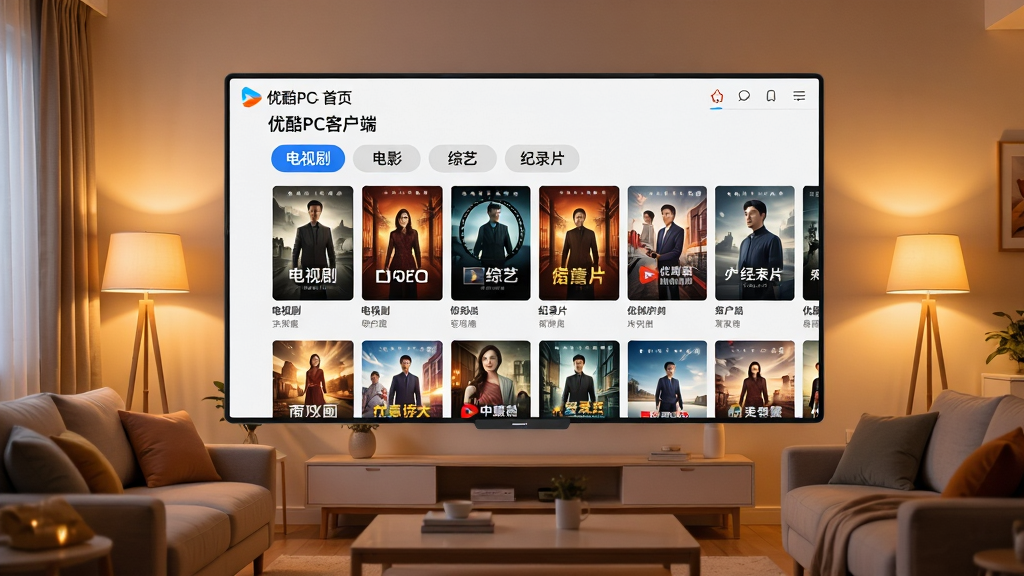 主体:一个巨大的虚拟屏幕悬浮在客厅中央,屏幕上展示优酷PC客户端“首页”界面,分类导航栏清晰显示“电视剧”“电影”“综艺”“纪录片”等标签,下方排列着各种海报缩略图。布局:虚拟屏幕占据画面主体,周围环绕着舒适的沙发和暖色灯光,营造家庭观影氛围。排版:屏幕内容呈网格状排列,层次分明,焦点集中在屏幕中央的推荐位。风格:温馨家庭风与科技感结合,色彩温暖明亮。细节:屏幕上的“优酷PC客户端”字样醒目,海报封面清晰可见,光影反射自然。画质:超高清,画面干净整洁,无多余杂物。