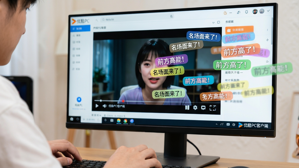 主体:电脑显示器前,一位年轻用户正在操作优酷PC客户端,屏幕上播放着视频并飘过彩色弹幕文字。布局:用户手部特写占据画面左下角,显示器作为背景居中,弹幕从右向左飘动。排版:弹幕文字错落有致,颜色鲜艳但不刺眼,与视频画面和谐共存。风格:活泼动感,体现互动乐趣。细节:弹幕内容为“名场面来了!”“前方高能!”等,屏幕角落显示“优酷PC客户端”标识。画质:高清,画面干净,无多余元素。