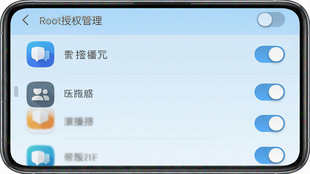 手机应用管理界面截图,背景为浅蓝色渐变,列表展示多个应用图标,每个图标右侧有开关按钮,界面顶部有“Root授权管理”字样,界面设计清晰,风格现代,UI细节精致,高画质,简洁干净
