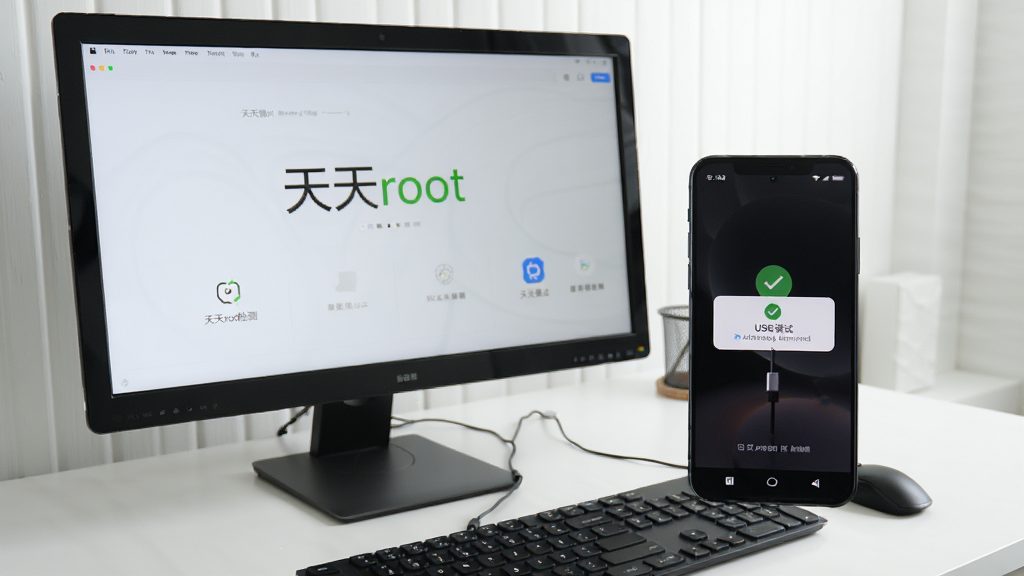 电脑与手机连接的实拍场景,电脑屏幕显示“天天root”检测界面,手机屏幕亮起显示USB调试授权弹窗,桌面整洁,光线明亮,画质清晰,构图平稳,细节真实,干净无多余元素