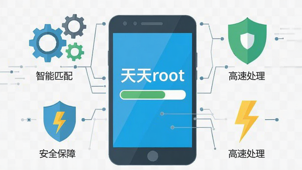 信息图风格,画面中央是放大的智能手机,手机屏幕显示“天天root”进度条,周围环绕着齿轮、盾牌、闪电等扁平化图标,分别代表智能匹配、安全保障与高速处理,背景为浅灰色网格,排版整洁,细节丰富,高画质,干净无多余元素
