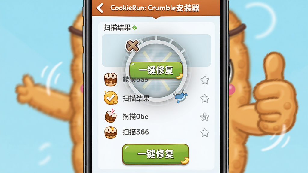 主体:手机界面展示CookieRun: Crumble安装器的修复工具页面,有“一键修复”按钮和扫描结果列表,背景有饼干角色竖大拇指。布局:界面中央有扫描动画,下方有修复按钮。排版:扫描结果以列表形式显示,每个项目前有图标。风格:简洁明亮,卡通风格。细节:按钮上有“一键修复”字样,画面干净。