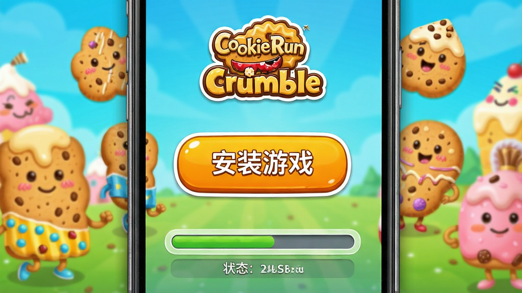 主体:CookieRun: Crumble安装器的界面截图,展示在智能手机上运行的安装器主页面,中央有醒目的“安装游戏”按钮,背景是色彩鲜艳的饼干角色。布局:界面简洁,按钮位于屏幕中央,上方有游戏logo,下方有进度条和状态提示。排版:信息层次分明,主要操作区域突出,辅助信息排列整齐。风格:卡通风格,色彩明亮活泼,符合游戏IP的可爱调性。细节:按钮上有“安装”字样,画面干净无多余元素,画质清晰,无多余元素。