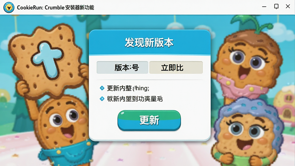 主体:展示CookieRun: Crumble安装器的更新功能界面,屏幕上显示“发现新版本”提示,并有“立即更新”按钮,背景有饼干角色举着更新图标。布局:界面中央有更新提示卡片,卡片上有版本号对比,下方有更新按钮。排版:信息清晰,更新内容以列表形式展示。风格:可爱卡通风格,色彩鲜艳。细节:按钮上有“更新”字样,画面干净。