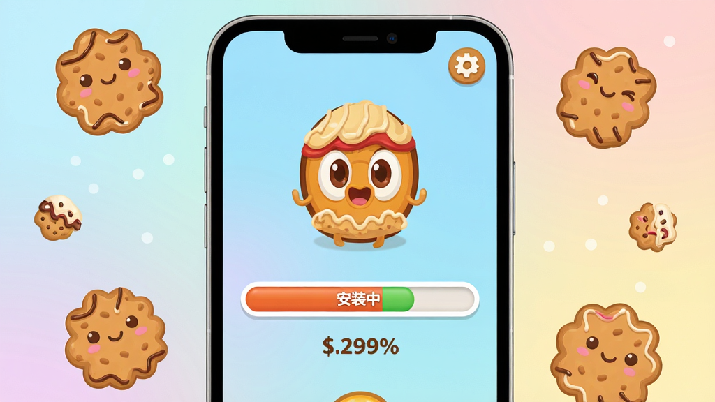 主体:一个智能手机屏幕,显示CookieRun: Crumble安装器正在进行游戏安装,界面有进度条和“安装中”文字,周围有可爱的饼干装饰。布局:手机屏幕居中,进度条突出,背景是柔和渐变色。排版:进度条下方有安装百分比数字,右上角有设置图标。风格:现代扁平化设计,色彩明亮,图标圆润。细节:画面干净,无多余元素,画质清晰。