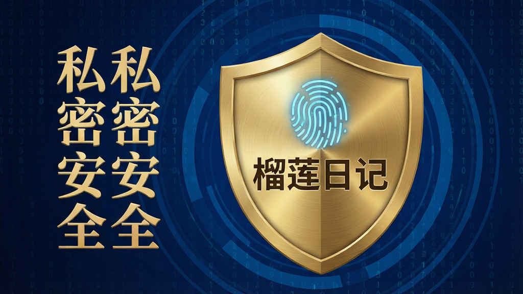 主体:一个带有指纹识别图标的金色盾牌,盾牌中央写着“榴莲日记”四个字。布局:盾牌位于画面中心,背景是深蓝色科技感同心圆环,四周有微弱的数字代码雨效果。排版:文字“私密安全”以艺术字体竖排于盾牌左侧,整体视觉层次分明。风格:科技感与安全感结合,色调以蓝金为主,体现高级感。细节:盾牌表面有细腻的金属拉丝纹理,指纹图标发光,背景中的代码雨清晰可辨。画质:超高清渲染,干净,无多余元素。